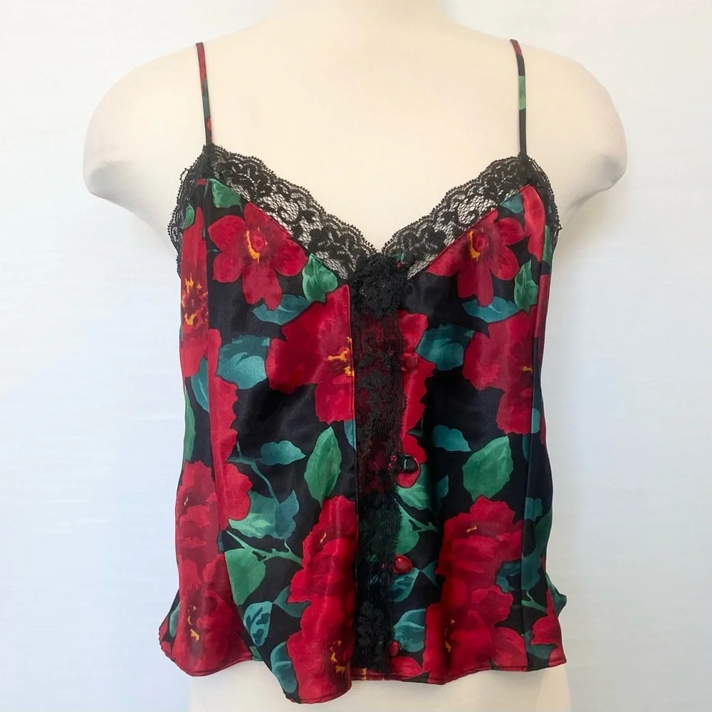 90s Victoria’s Secret Silky Satin Floral Print Vintage Lace Camisole Gold Label - Picture 2 of 8